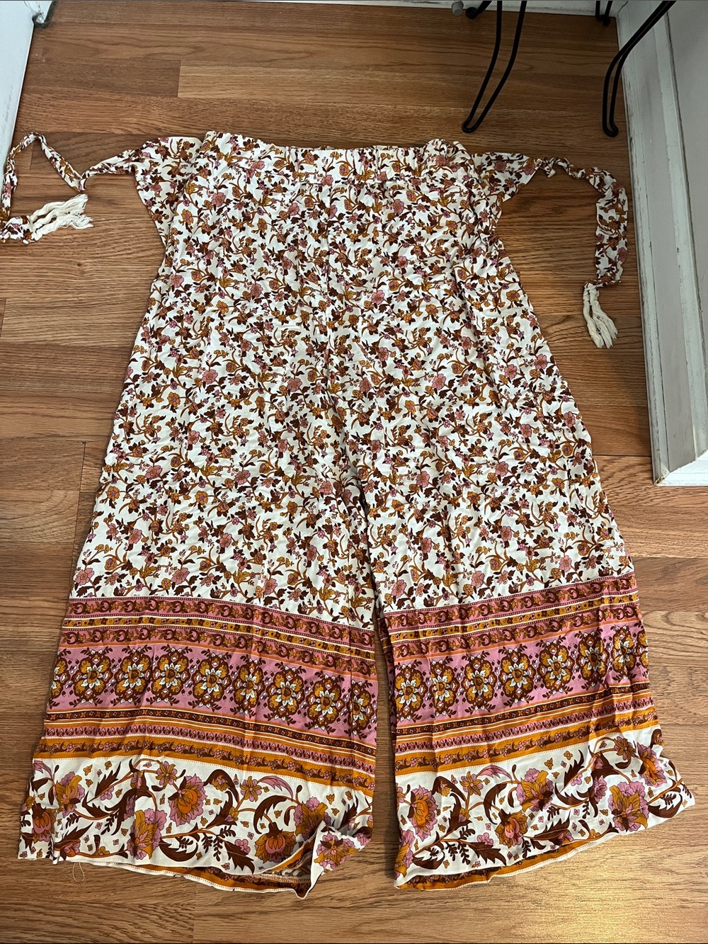 Simplee Apparel Floral Smocked Wide-Leg Jumpsuit in White, Pink & Brown